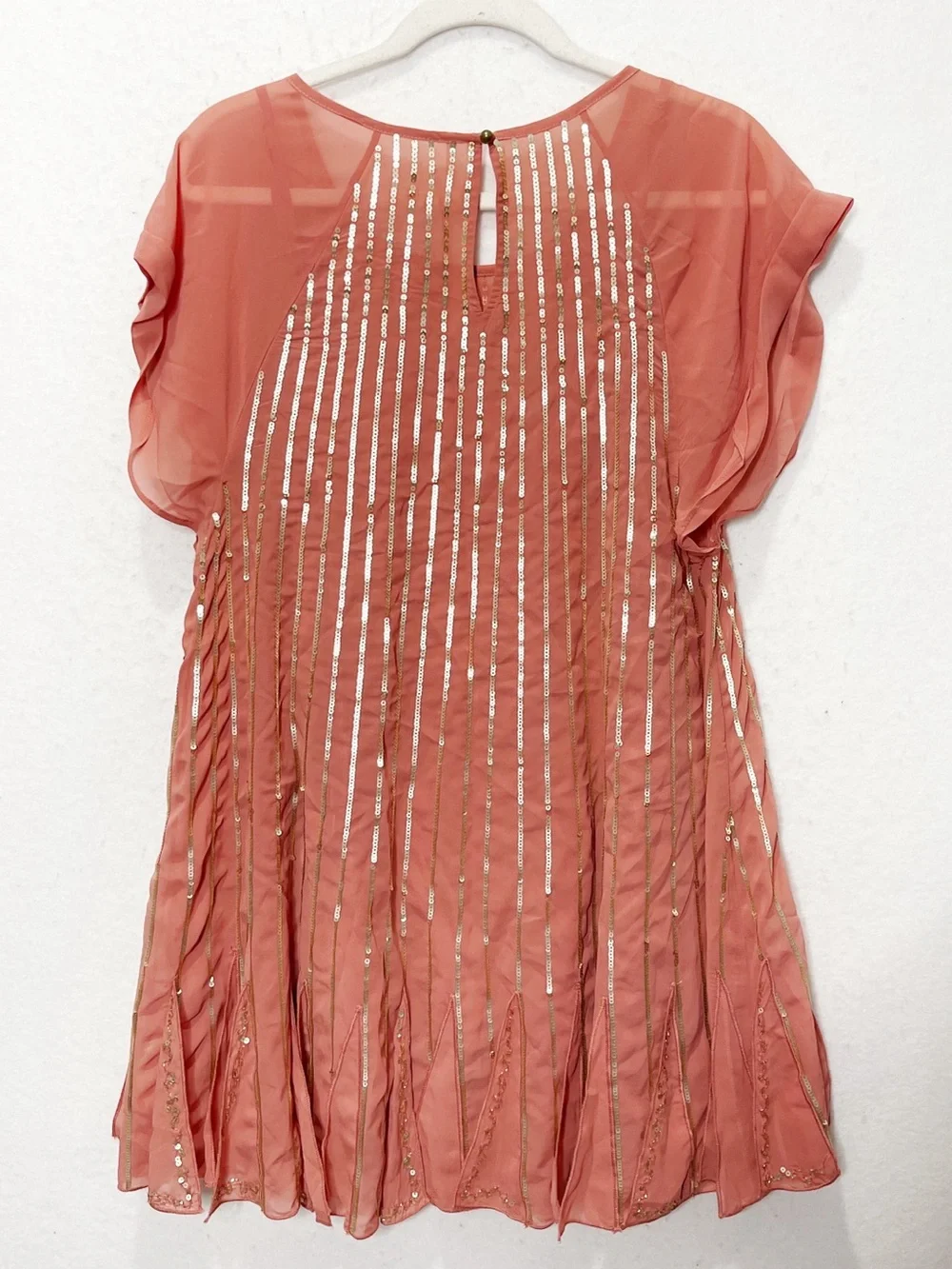 Free People Mint Julep Sequin Coral Flowy Mini Dress Large Chiffon Flapper Boho